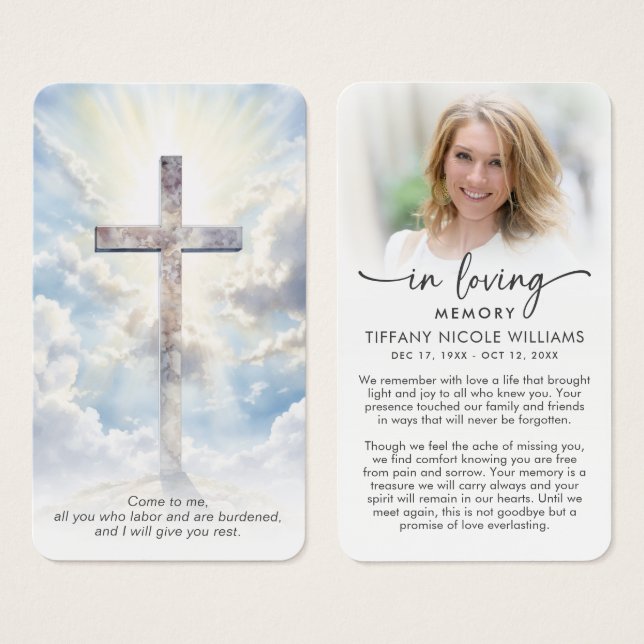 Modern Cross In Loving Memory Prayer Cards (Frente & Verso)