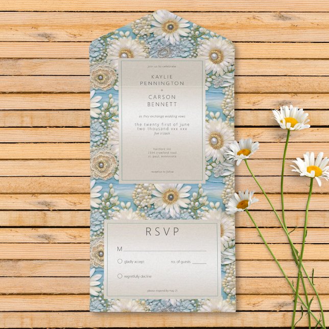 Modern Daisy Satin & Pearls Alivio Sem Janto (Modern Daisy Satin & Pearls Relief No Dinner All In One Invitation)