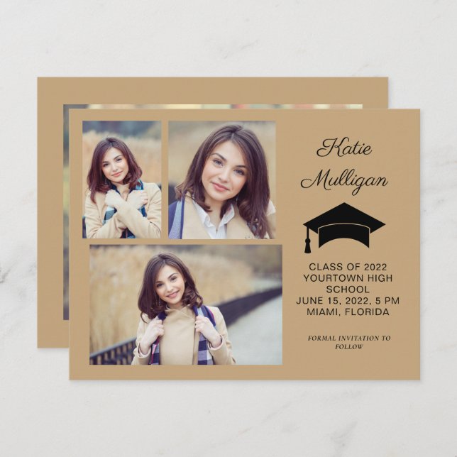 Modern Dourado 4 Photo Graduation Save Date (Salva (Frente/Verso)