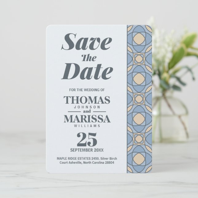 Modern Dusty Blue Art Deco Save the Date QR Code (Em pé/Frente)