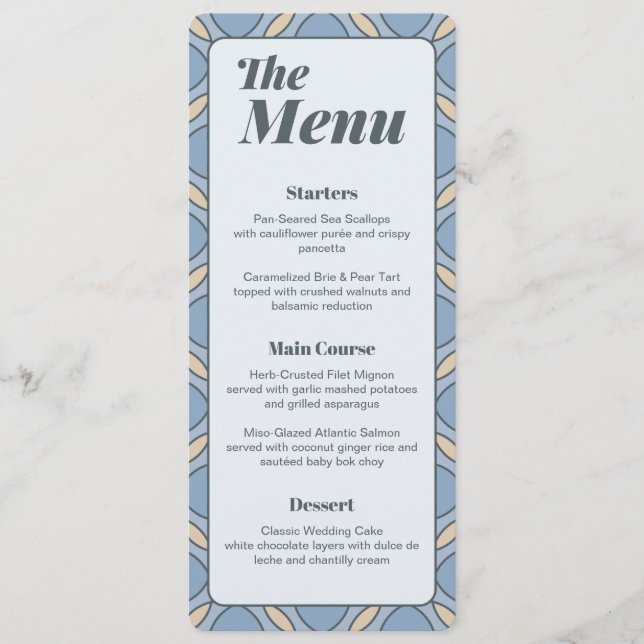 Modern Dusty Blue Art Deco Wedding Menu Card (Frente)
