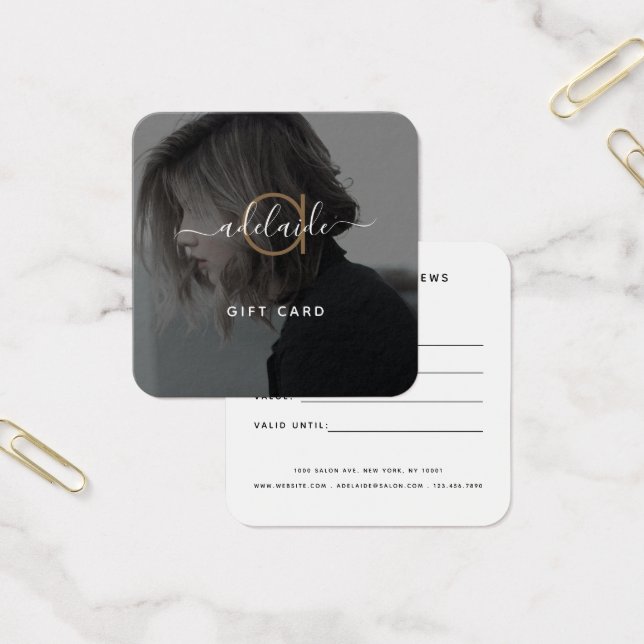 Modern Elegant Black Gold Monogram Photo Gift Card (Escritótio)