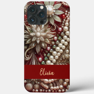 Modern elegant red green pearls Valentine’s Day