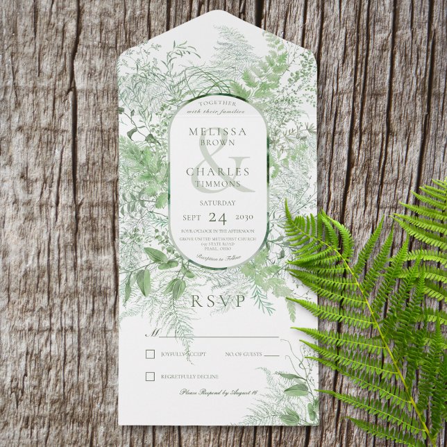 Modern Fern Green Foliage White Sem Janto (Also available with a QR code or with dinner selection options.)