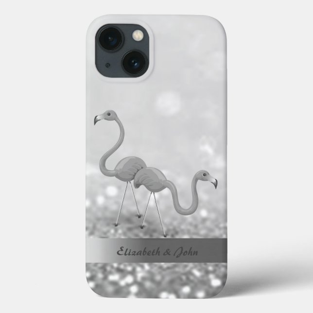 Modern Flamingos Silver Glitter Bokeh (Verso)