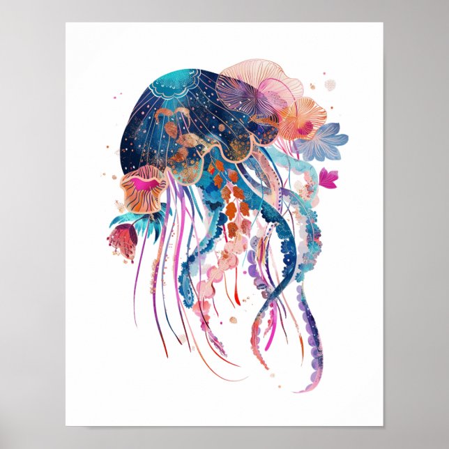 Modern Floral Jellyfish Wall Art Poster (Frente)