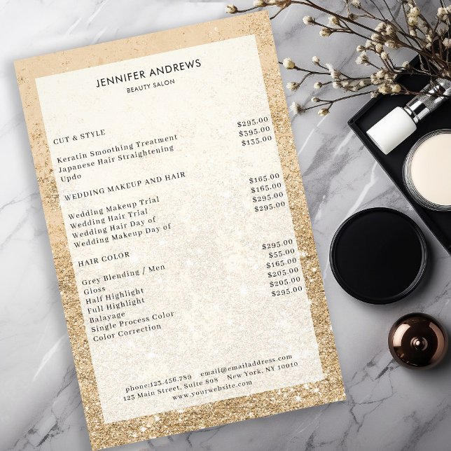 Modern Gold Glitter Salon Price List  Flyer (Criador carregado)