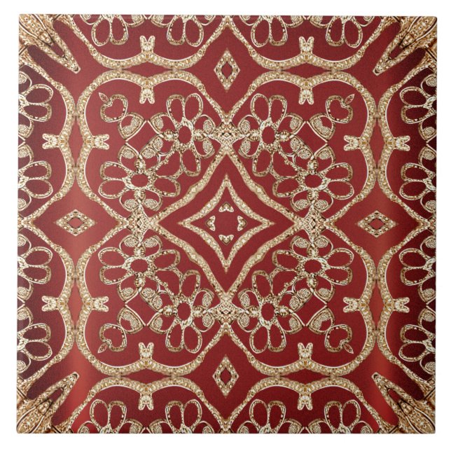 Modern Gold Red Floral Ceramic Tile (Frente)