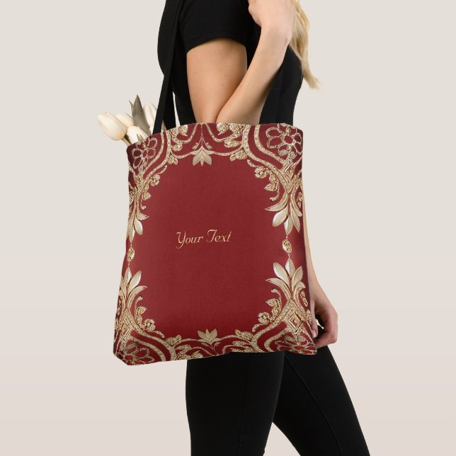 Modern Gold Red Floral Tote Bag (Close Up)