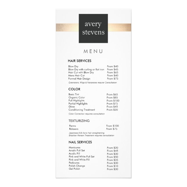 Modern Gold Striped Black and White Salon Menu (Frente)