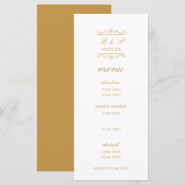 Modern Gold & White Monogram Wedding Menu Card (Frente/Verso)