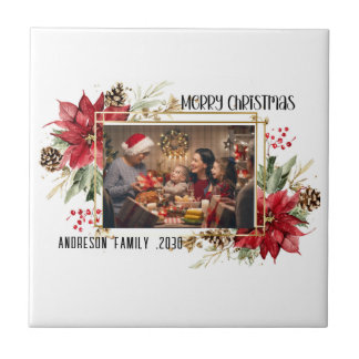 Modern golden Frame Floral Merry Christmas Photo