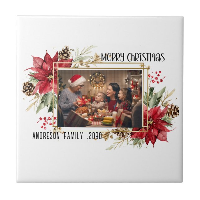 Modern golden Frame Floral Merry Christmas Photo (Frente)