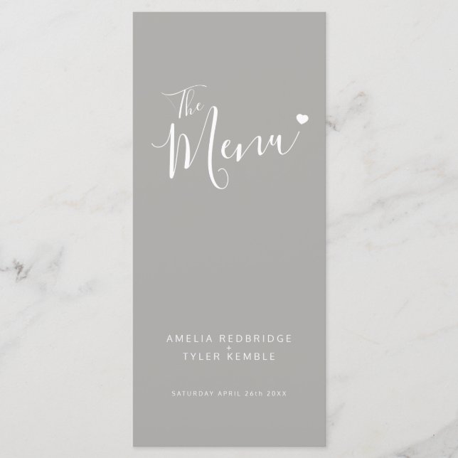 Modern gray text white heart simple wedding menus (Frente)