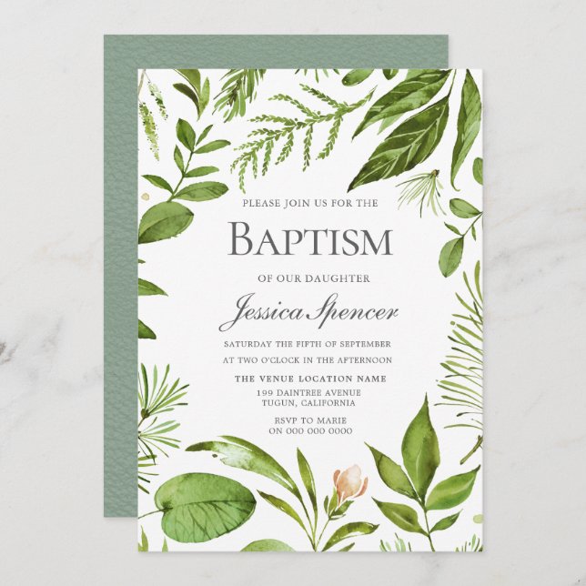 Modern Greenery Leaf Wreath Baptism Convite (Frente/Verso)