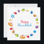 Modern Happy Hanukkah Dreidel Star Sufganiyah<br><div class="desc">Este design de feriados apresenta o texto "Happy Hanukkah" na tipografia moderna,  vermelha e azul,  rodeada de sonhos,  moedas de ouro,  estrelas e suganiyah. #hanukkah #chanukah #feriados #sazonal #festivo #moderno #dreidel #star #gold #starofdavid #design #designer #cards #cumprimentos #cartões #estationery</div>