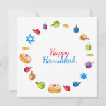 Modern Happy Hanukkah Dreidel Star Sufganiyah<br><div class="desc">Este design de feriados apresenta o texto "Happy Hanukkah" na tipografia moderna,  vermelha e azul,  rodeada de sonhos,  moedas de ouro,  estrelas e suganiyah. #hanukkah #chanukah #feriados #sazonal #festivo #moderno #dreidel #star #gold #starofdavid #design #designer #cards #cumprimentos #cartões #estationery</div>