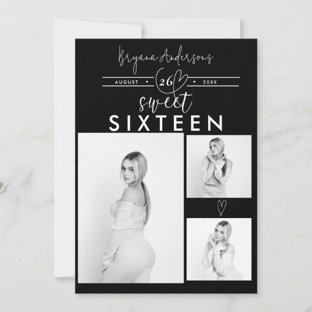 Modern Hearts Black & White Photo Sweet 16 Party (Frente)