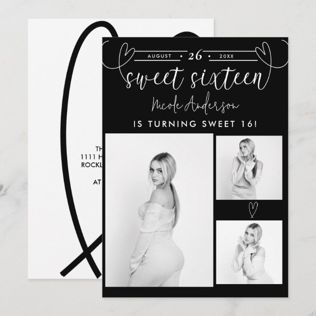 Modern Hearts Black & White Photo Sweet 16 Party (Frente/Verso)