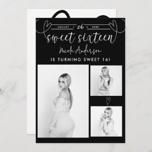 Modern Hearts Black & White Photo Sweet 16 Party