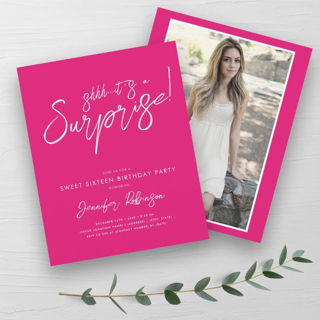 Modern Hot Pink Surprise Sweet 16 Invites (Modern Hot Pink Surprise Sweet 16 Invites)