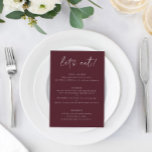 Modern Merlot Weding Menu com Obrigado em Volta<br><div class="desc">Merlot / Borgonha / Menu Vinho: Este moderno menu de casamento dobra como um obrigado. Ele apresenta texto de escrita manual em um plano de impressão em merlot na frente com um doce obrigado que você envia por trás. É o menu perfeito de casamento duplo para servir como cardápio e...</div>