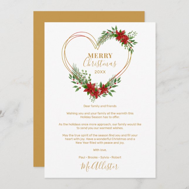 Modern Merry Christmas Poinsettias Heart Script (Frente/Verso)