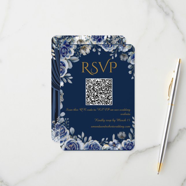 Modern Navy Blue and Gold QR Code Wedding RSVP Car (Frente/Verso In Situ)