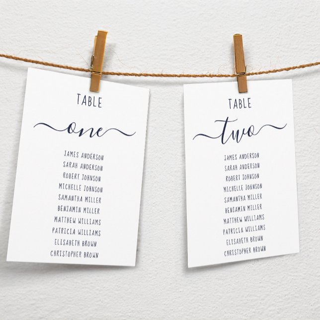 Modern  Navy Blue Script White Seating Chart Card (Criador carregado)