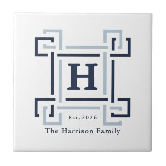Modern Navy Greek Key Monogram Family Crest