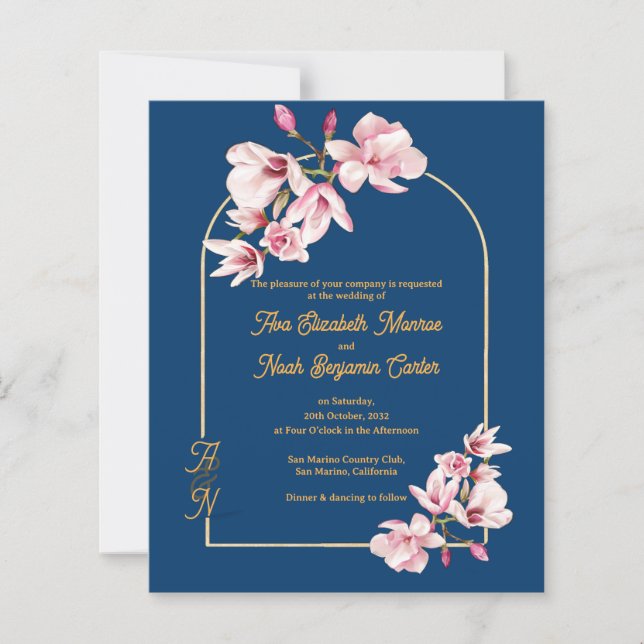 Modern Navy Photo Floral Wedding Invitation (Frente)