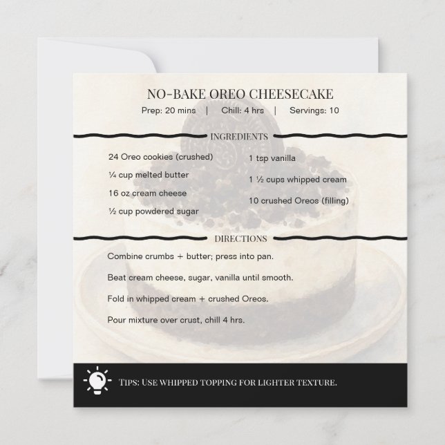 Modern No-Bake Oreo Cheesecake Recipe Card (Frente)