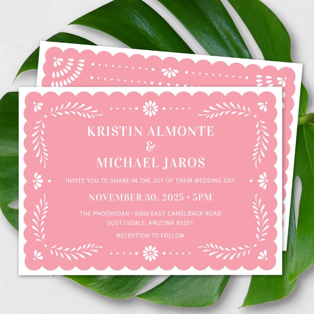 Modern Papel Picado Convite Para Casamento Mexican (Modern Papel Picado Wedding Invitation In Pink)