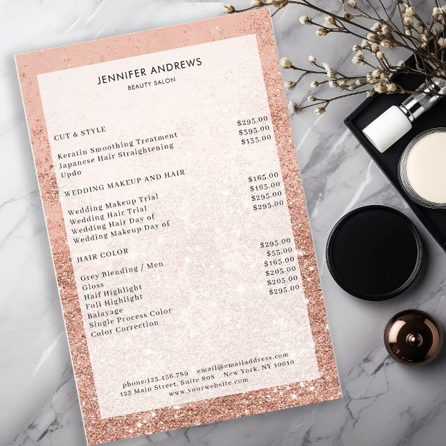 Modern Peach Glitter Salon Price List  Flyer (Criador carregado)