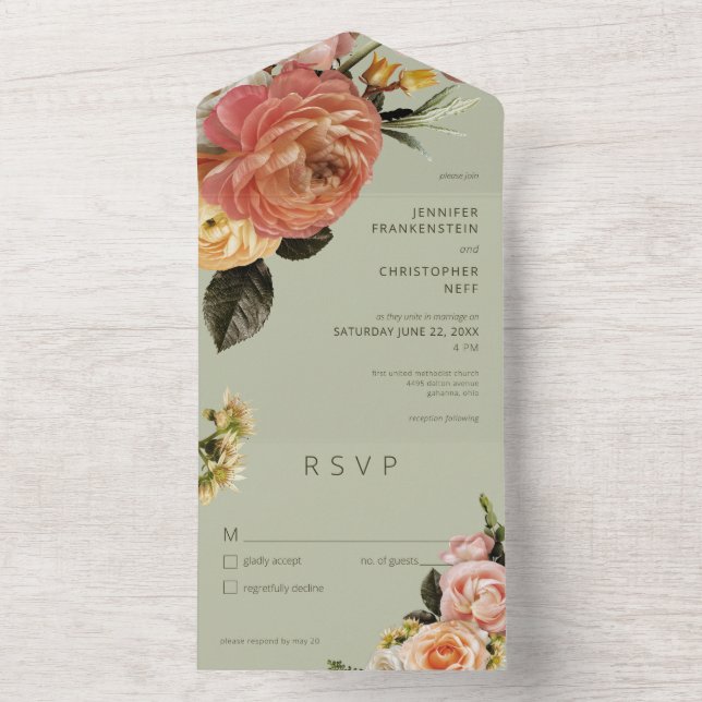 Modern Peach Mimosa Floral Verde (Inside)