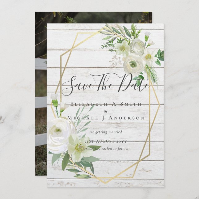 Modern Photo Save Dates White Floral Greenery Leaf (Frente/Verso)