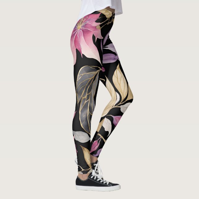 Modern Pink, Black and Gold Floral Leggings (Direita)