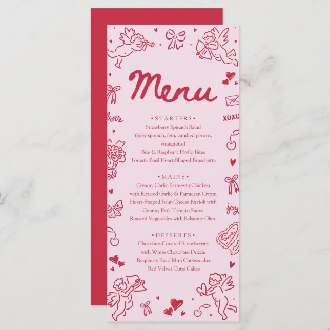 Modern Pink Red Hearts Hand Drawn Valentine Menu (Frente/Verso)