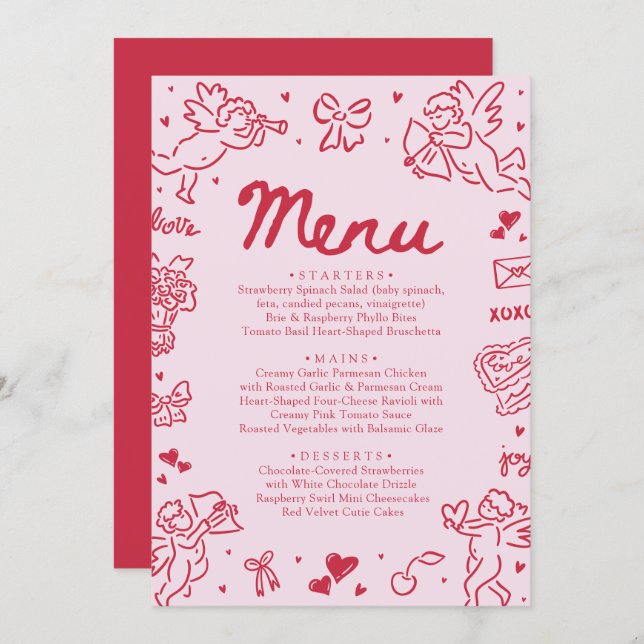 Modern Pink Red Hearts Hand Drawn Valentine Menu (Frente/Verso)