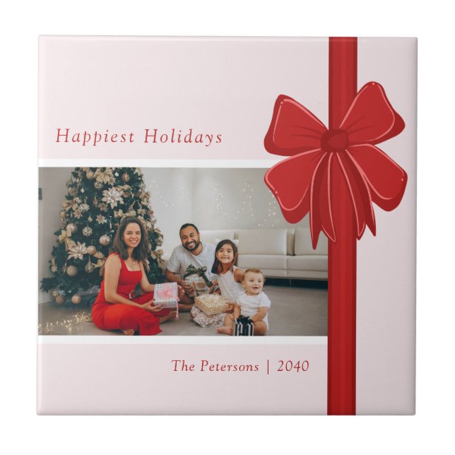 Modern Red & Pink Ribbon Bow Wrap Photo Christmas (Frente)