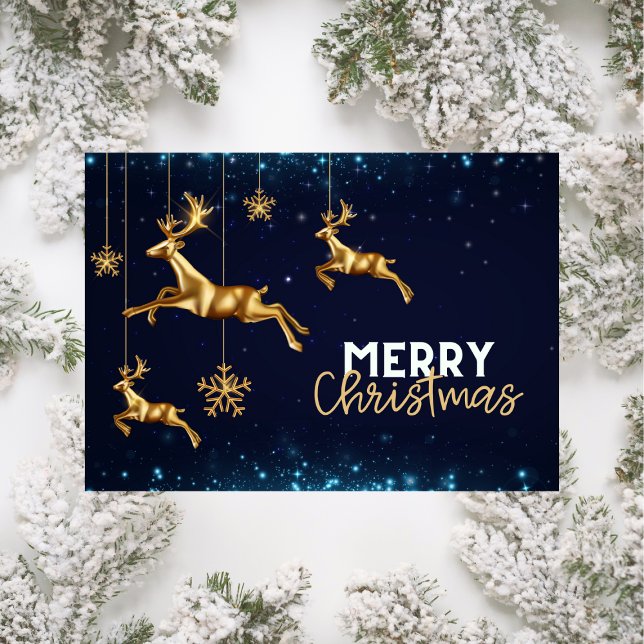 Modern Reindeer Dourado Cartão de Natal Azul (Criador carregado)