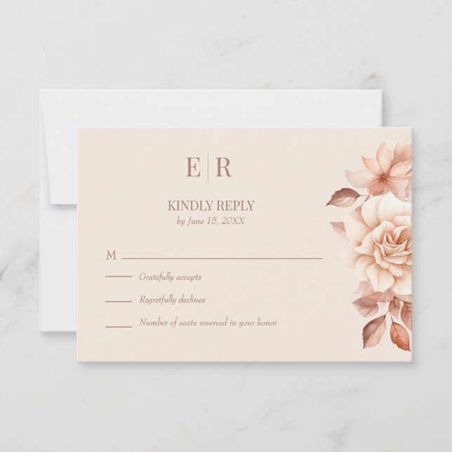 Modern Rose Gold Floral Monogram Wedding RSVP Card (Frente)