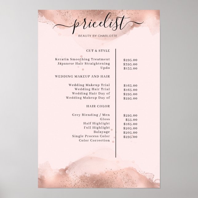 Modern  Roségold Watercolour Pricelist Poster (Frente)