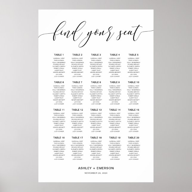 Modern Rustic Calligraphy Seating Chart Poster (Frente)