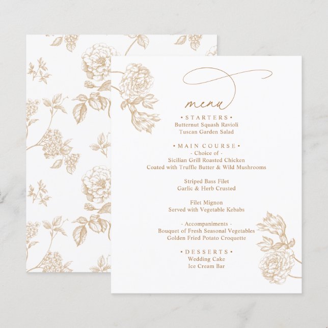 Modern Rustic Gold Floral Wedding Menus (Frente/Verso)