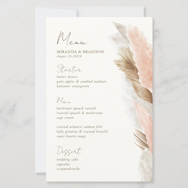 Modern Rustic Pampas Grass Wedding Menu Card (Frente)