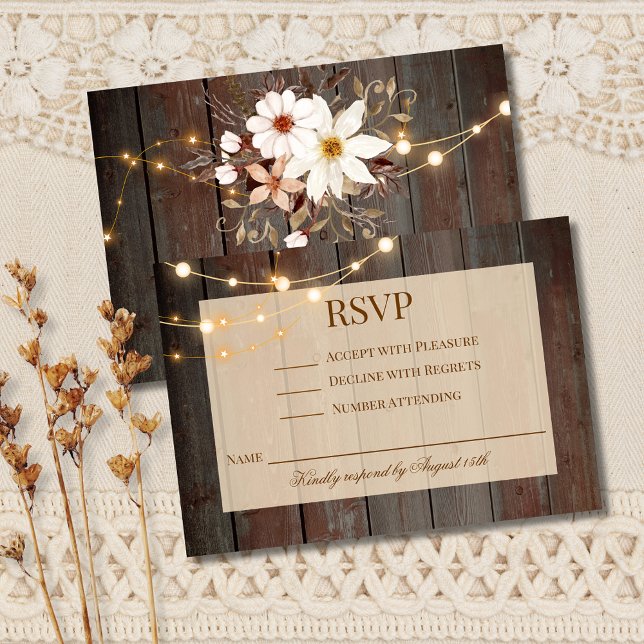 Modern Rustic Wood Floral Lights RSVP Card (Criador carregado)