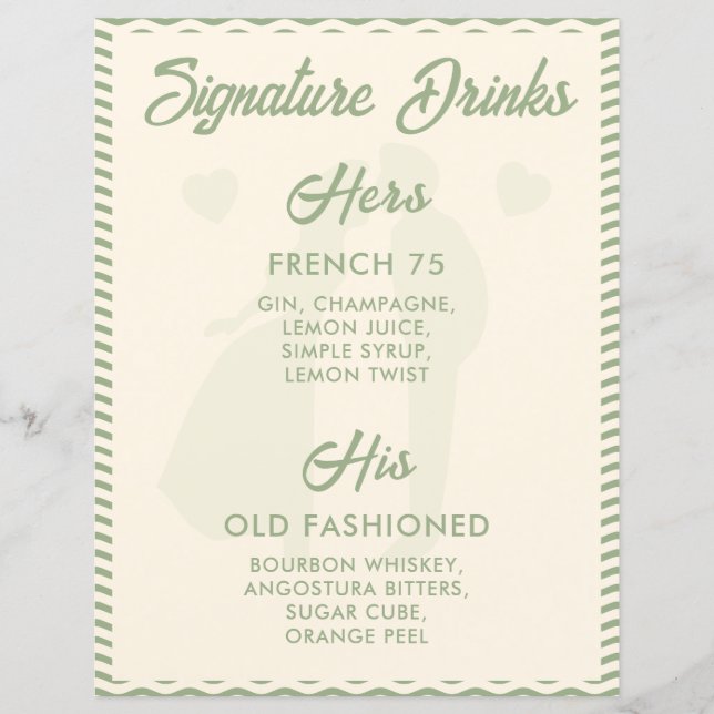 Modern Sage Green Signature Drinks Wedding Sign (Frente)