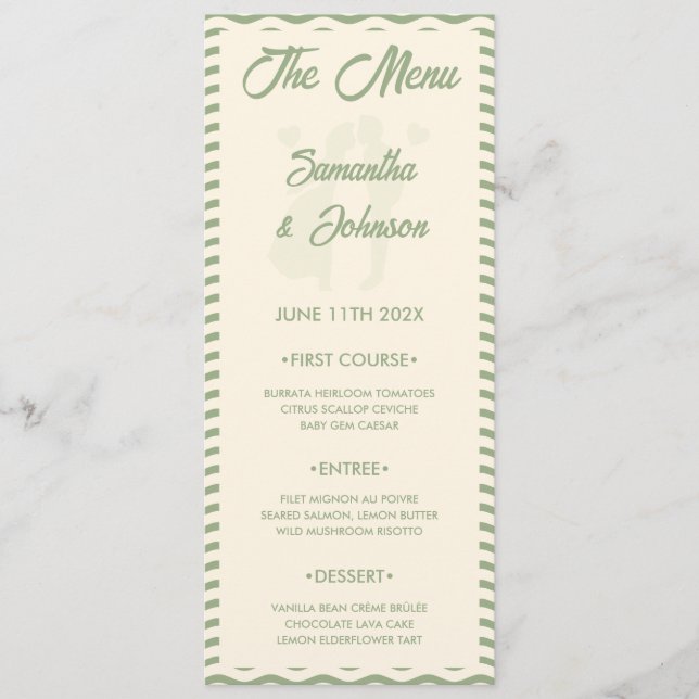 Modern Sage Green Wavy Stripe Wedding Menu Card (Frente)