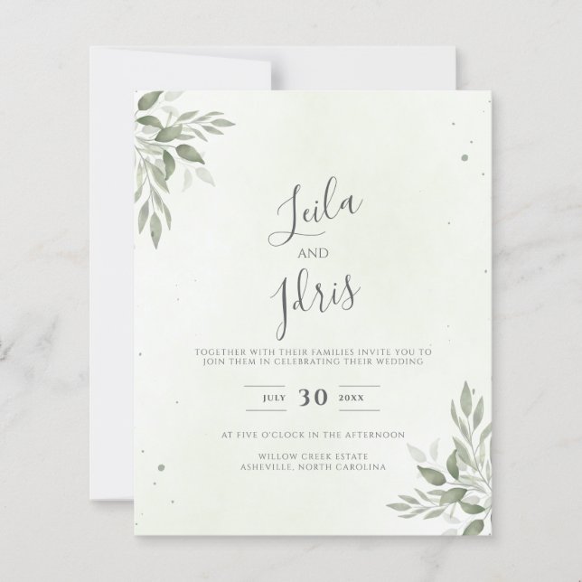 Modern Sage Greenery Budget Wedding Invitation (Frente)